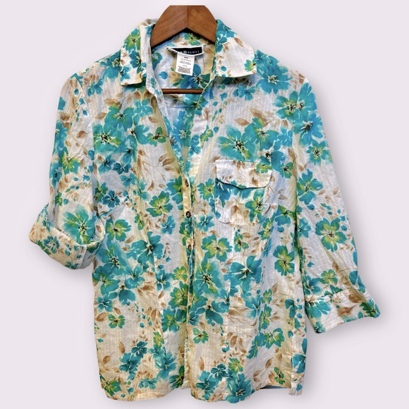 Karen Scott Light-Weight 3/4 Adjustable Sleeve Button Down Blouse Floral Print - Picture 10 of 13